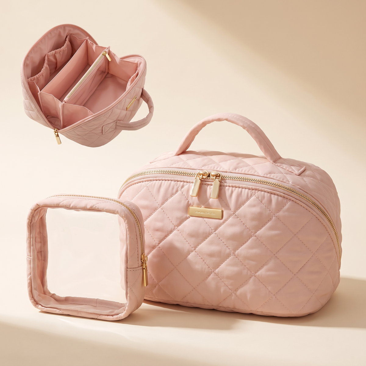 Reveline quilted beauty bag with clear pouch — Blush