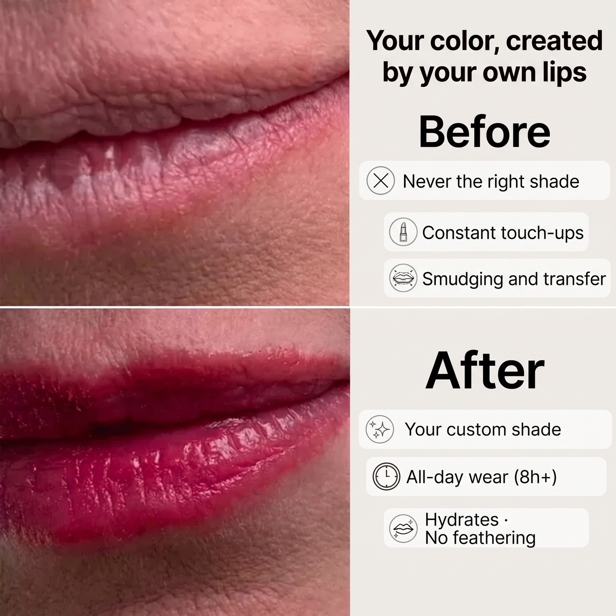 Reveline pH Glow Lip Tint — before and after, custom color and all-day wear