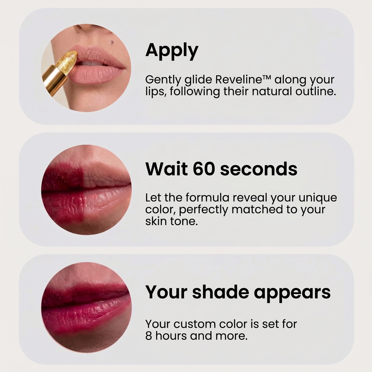 Reveline pH Glow Lip Tint — three-step application