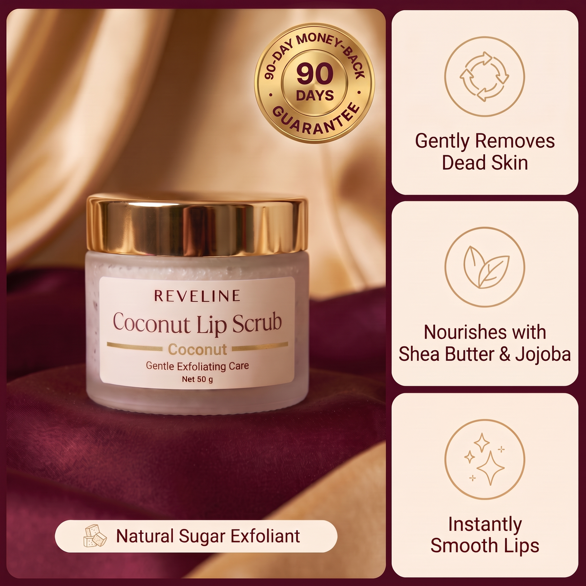 Reveline Coconut Lip Scrub — benefits and 90-day money-back guarantee