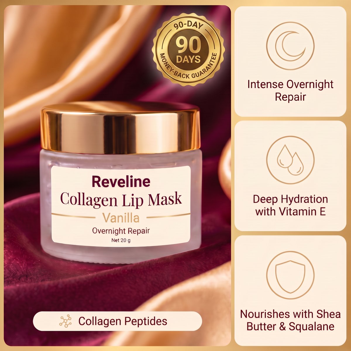 Reveline Collagen Lip Mask — benefits and 90-day money-back guarantee