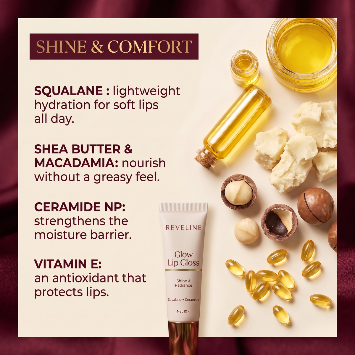 Reveline Glow Lip Gloss — shine and comfort ingredients