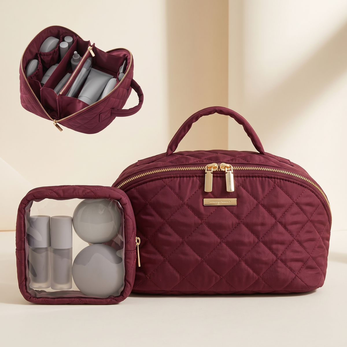 Reveline quilted beauty bag with clear pouch — Burgundy